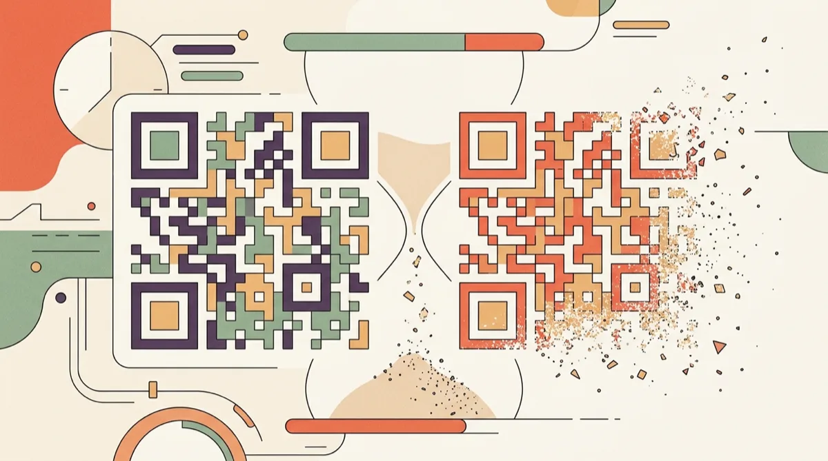 Two QR codes beside an hourglass — one solid, one dissolving into particles