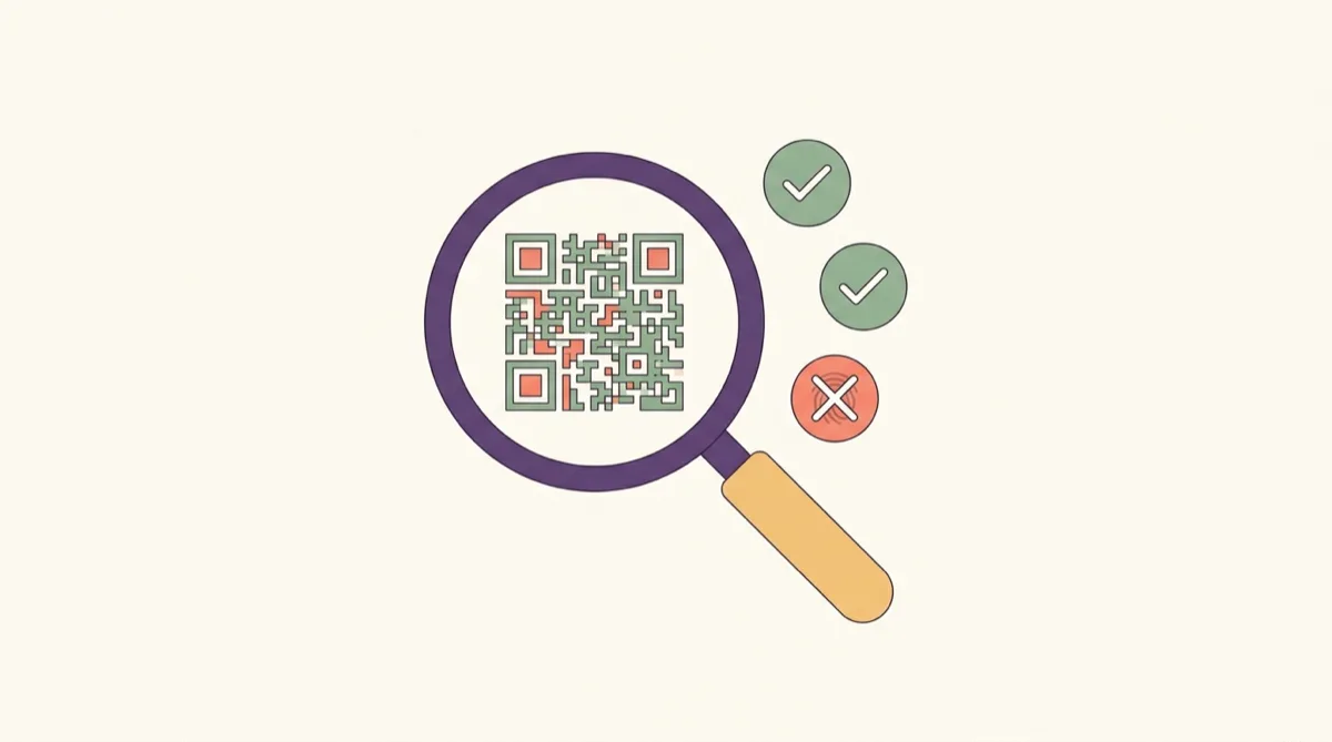 A QR code under a magnifying glass with two check badges and one crossed-out badge