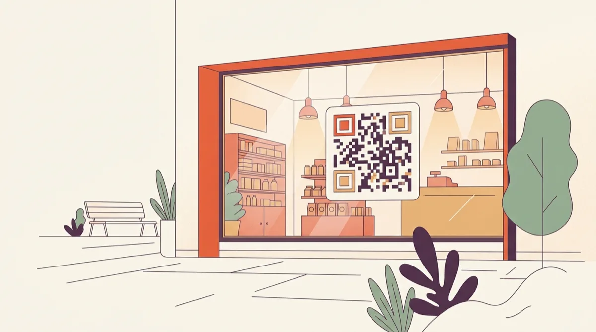A shop window at dusk with a QR code on the glass and warm light inside