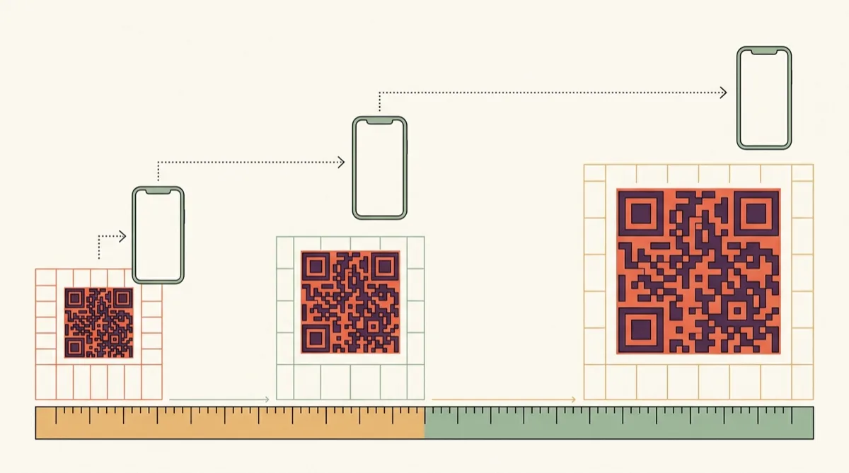 Three QR codes at increasing sizes along a ruler, each with a phone at a greater distance