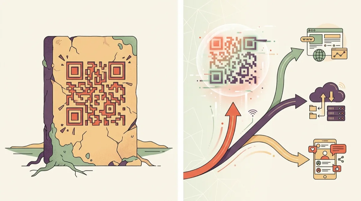 A QR code carved in stone beside one branching along arrows to several destinations