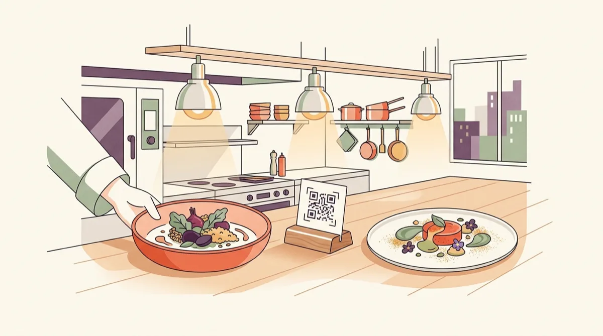 A restaurant pass with plated dishes and a QR menu stand