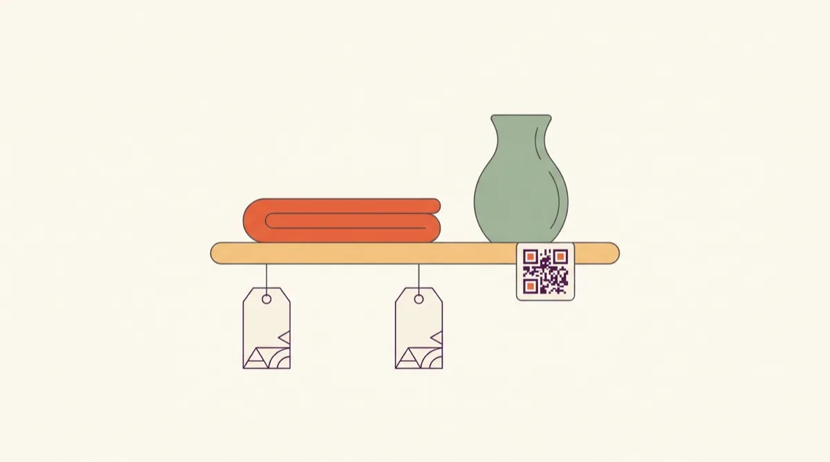 A shop shelf edge with price tags and a small QR label