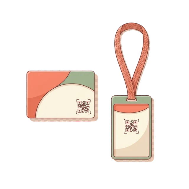 A business card and a lanyard badge, each carrying a QR code