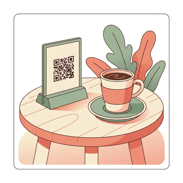 A cafe table with a QR code on a small stand beside a cup of coffee